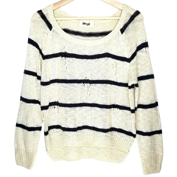 HIPPIE LOVE College Ruled Distressed Cotton Sweater Women Sz M Navy Ivory Stripe - Picture 2 of 11